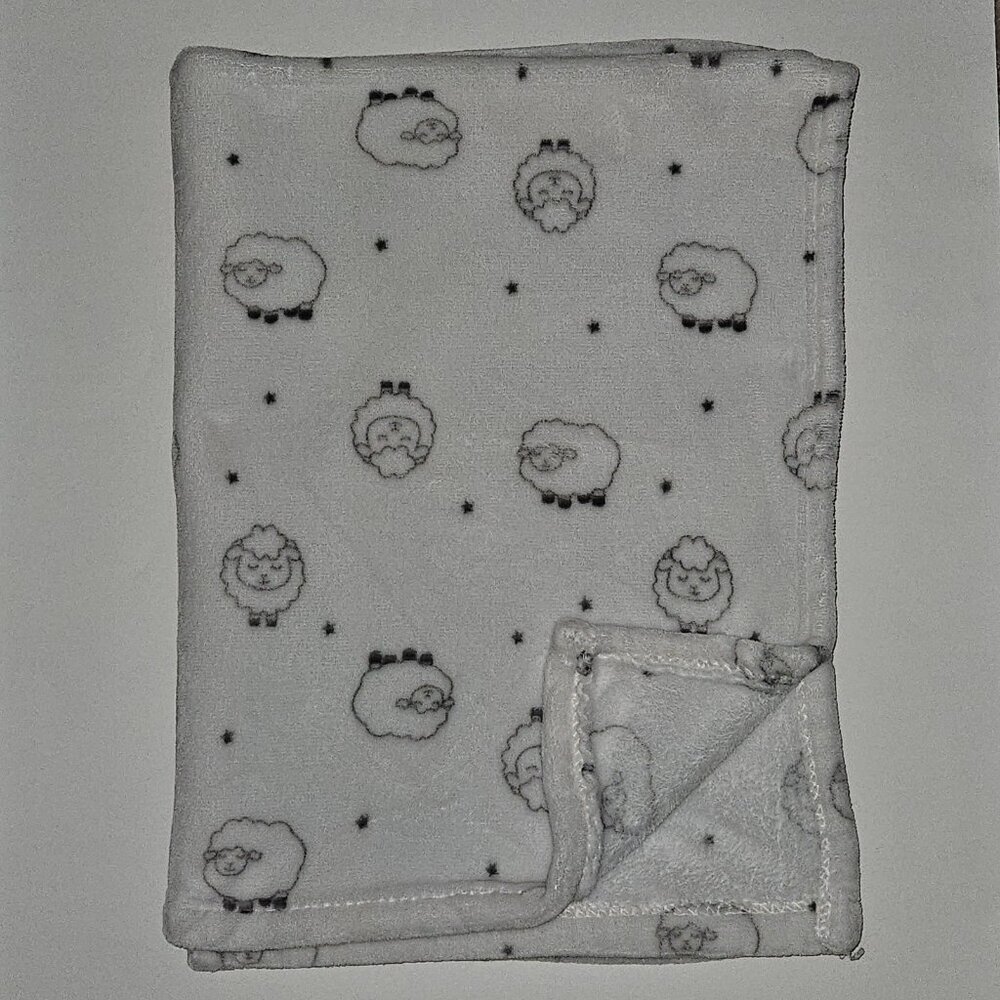 Tahari Baby White Gray Sheep Lamb Soft Fleece Blanket Lovey 28" x 38" RN 157035